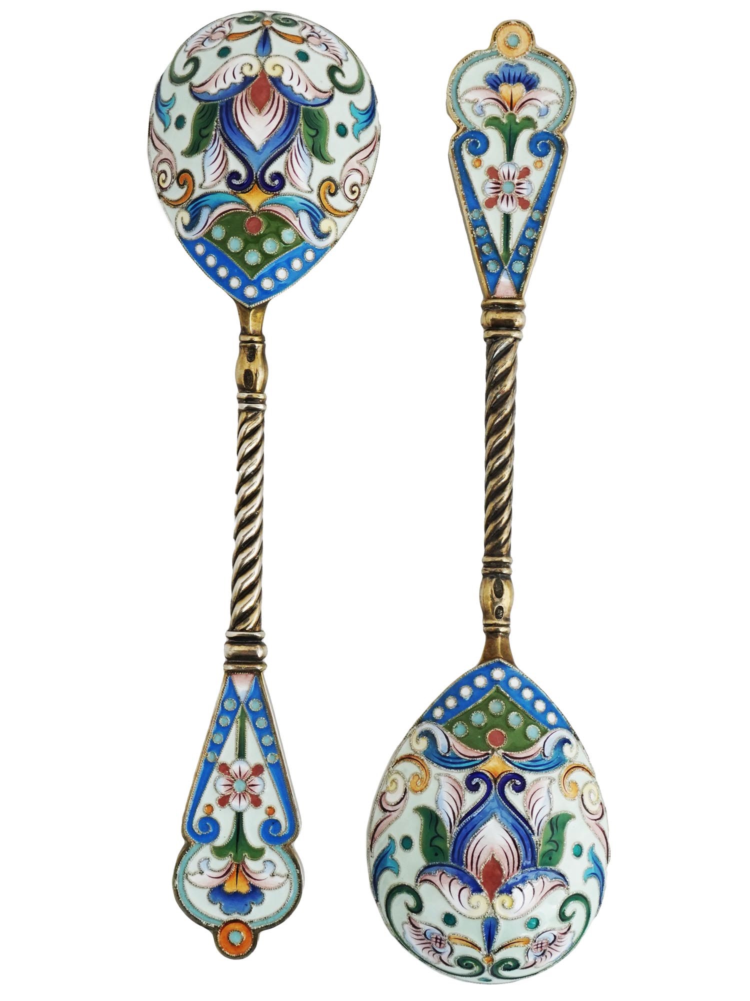 PAIR OF RUSSIAN SILVER AND CLOISONNE ENAMEL SPOON PIC-0